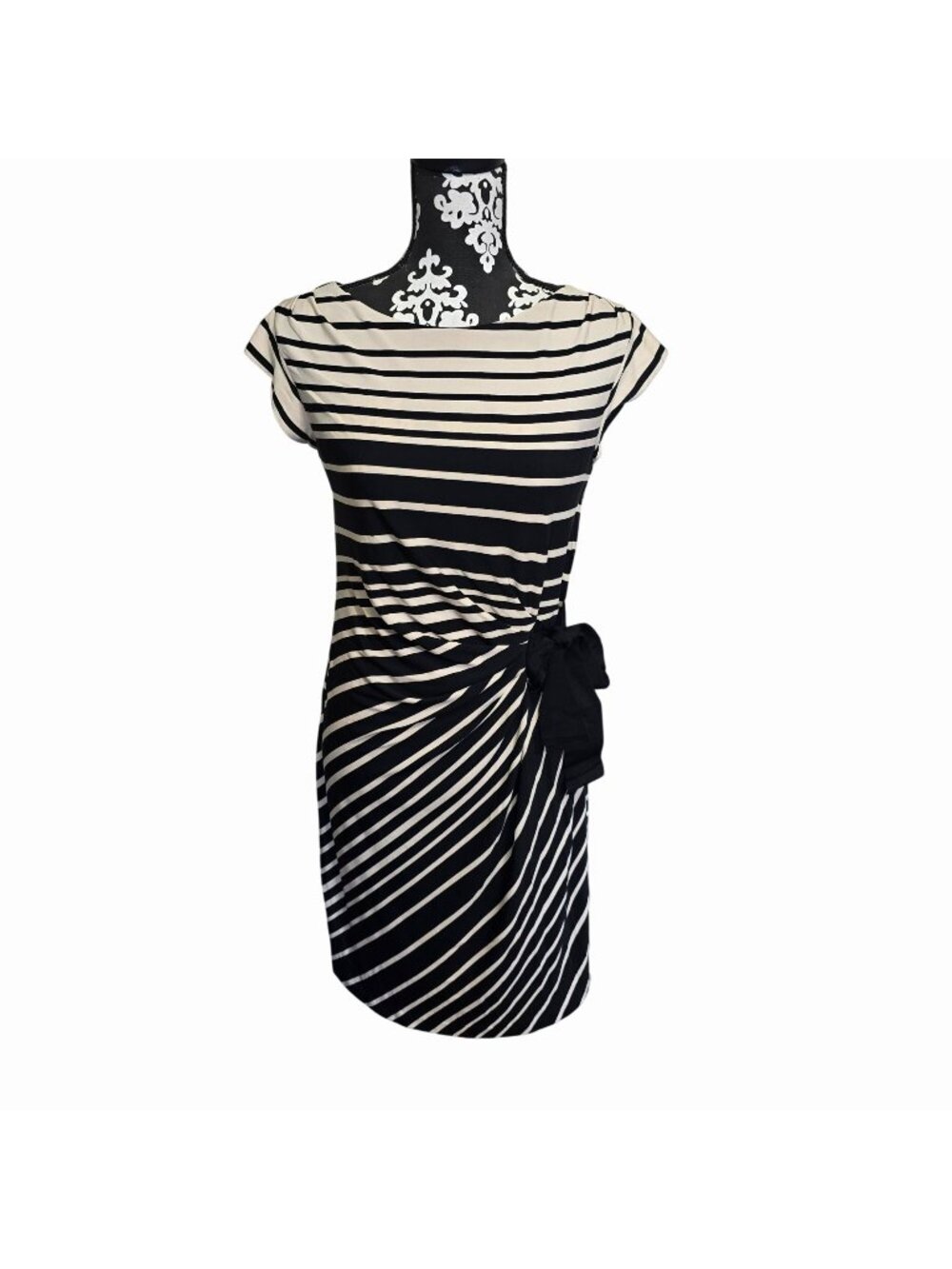 NEW Coldwater Creek 10M Striped Short Sleeve Dress Black & Cream Stretch